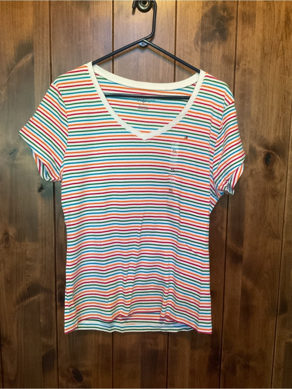 Tommy Hilfiger Striped V-Neck Tee in White with Multicolor Stripes